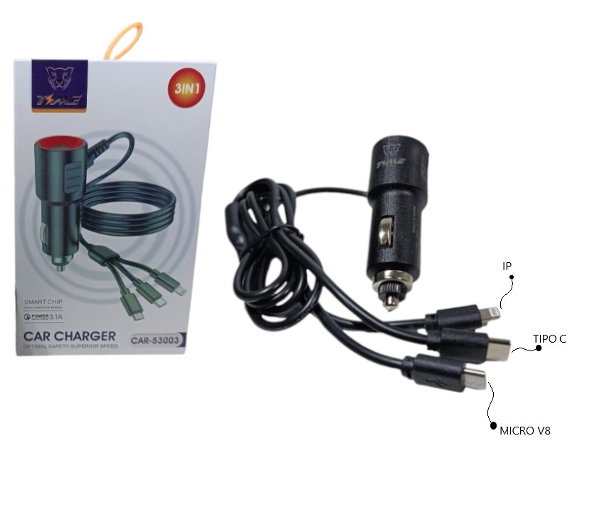 Cargador P/auto 3 fichas (v8/C/iphone)