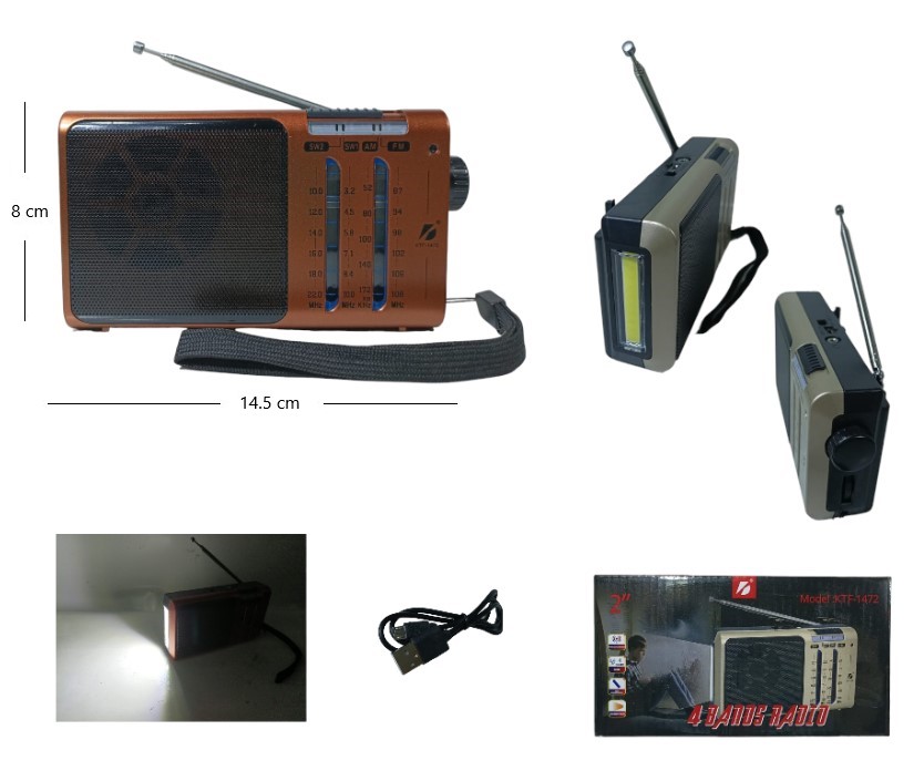 Radio AM/FM, linterna y USB